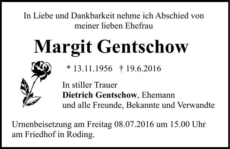 Traueranzeige Margit Gentschow