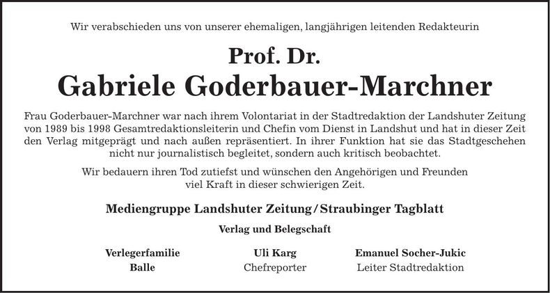 Traueranzeige Gabriele Goderbauer-Marchner