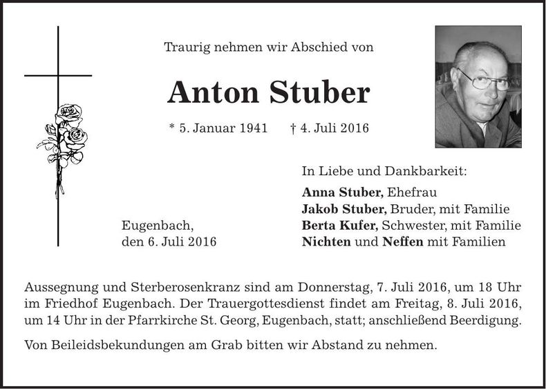 Traueranzeige Anton Stuber