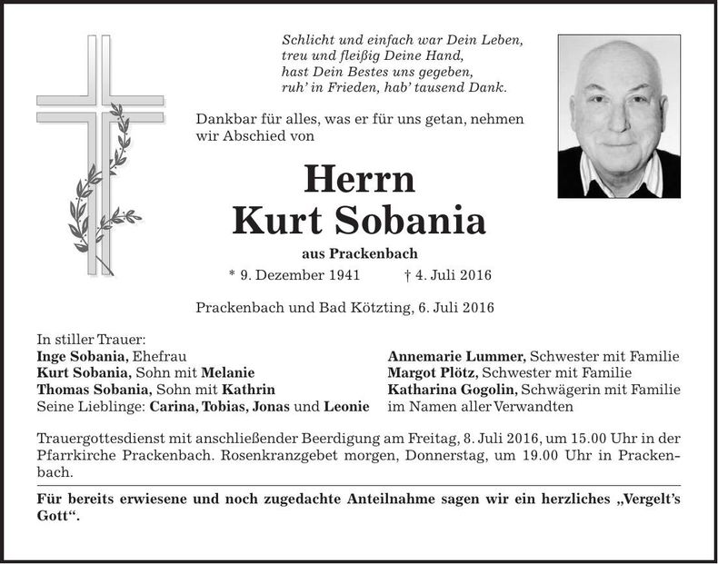Traueranzeige Sobania Kurt