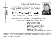 Traueranzeige Veronika Fink