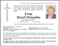 Traueranzeige Dziamba Zenzl