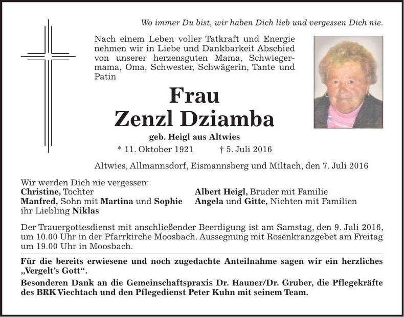 Traueranzeige Dziamba Zenzl