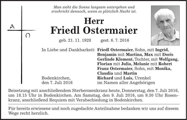 Traueranzeige Friedrich Ostermaier