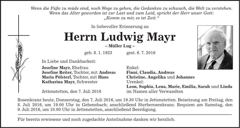 Traueranzeige Ludwig Mayr