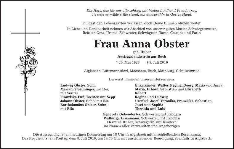 Traueranzeige Anna Obster