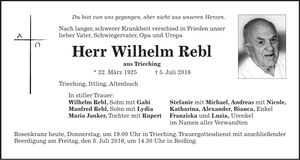 Traueranzeige Wilhelm Rebl