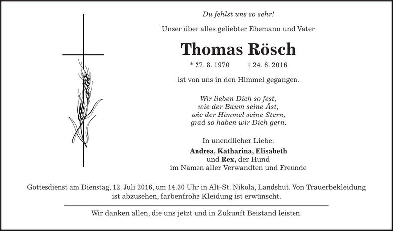 Traueranzeige Thomas Rösch