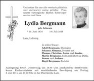 Traueranzeige Lydia Bergmann