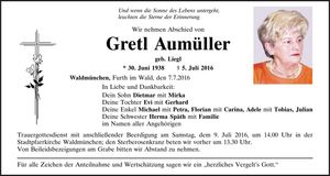 Traueranzeige Gretl Aumüller