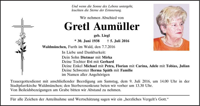Traueranzeige Gretl Aumüller