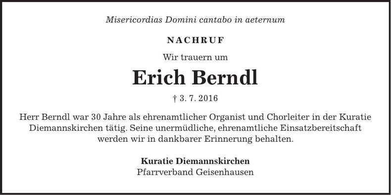 Traueranzeige Erich Berndl