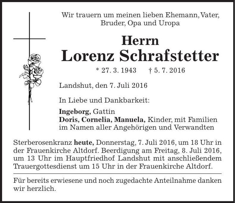Traueranzeige Lorenz Schrafstetter