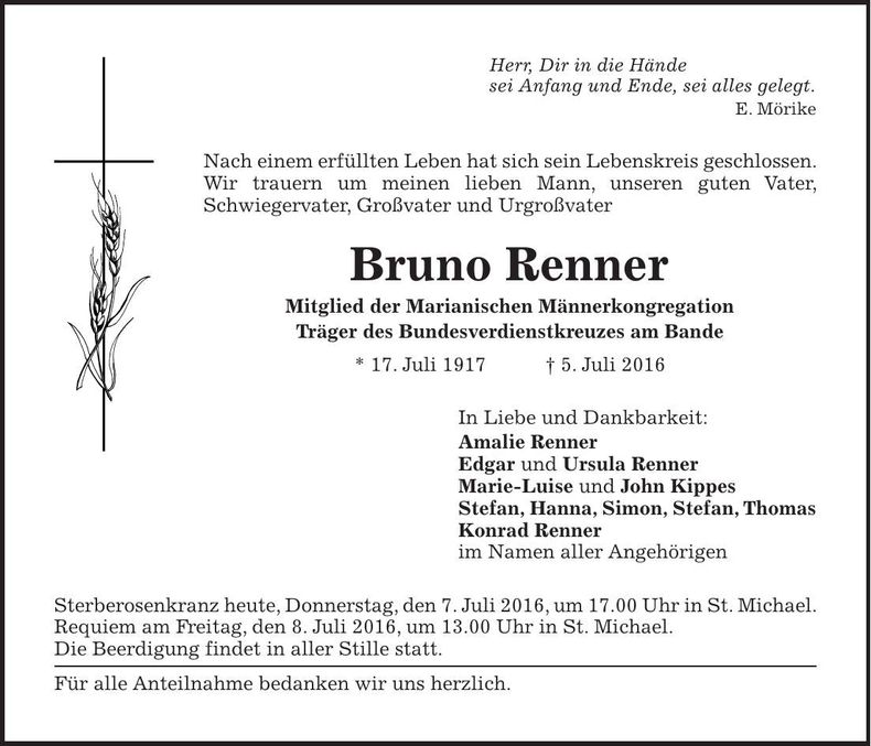 Traueranzeige Bruno Renner