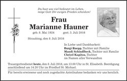 Traueranzeige Marianne Hauner