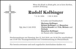 Traueranzeige Rudolf Kolbinger