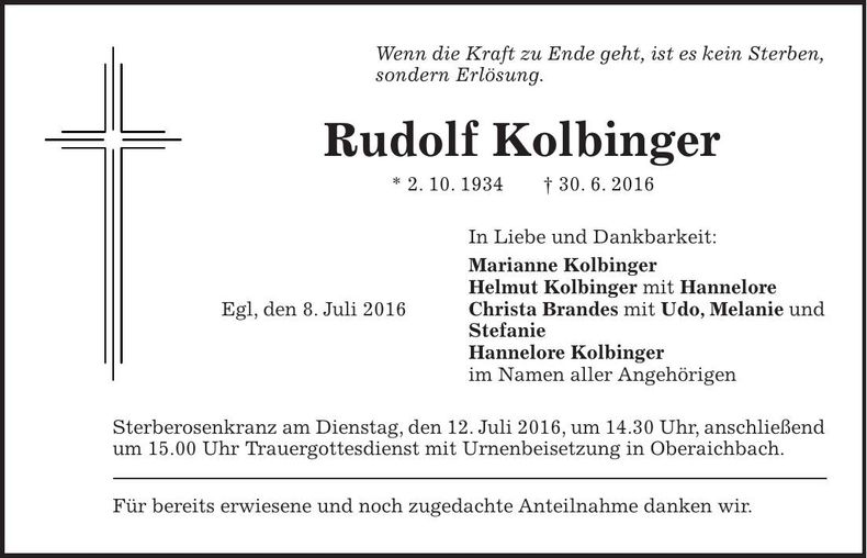 Traueranzeige Rudolf Kolbinger