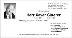 Traueranzeige Xaver Gitterer