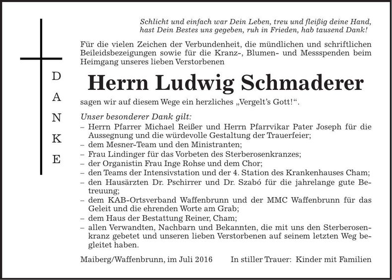 Traueranzeige Ludwig Schmaderer