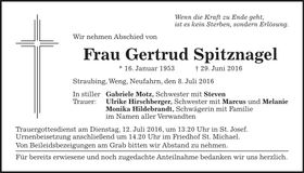 Traueranzeige Gertrud Spitznagel