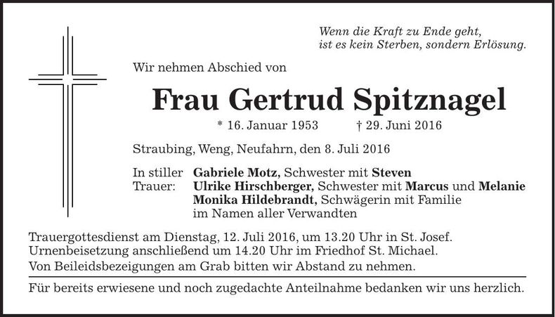 Traueranzeige Gertrud Spitznagel