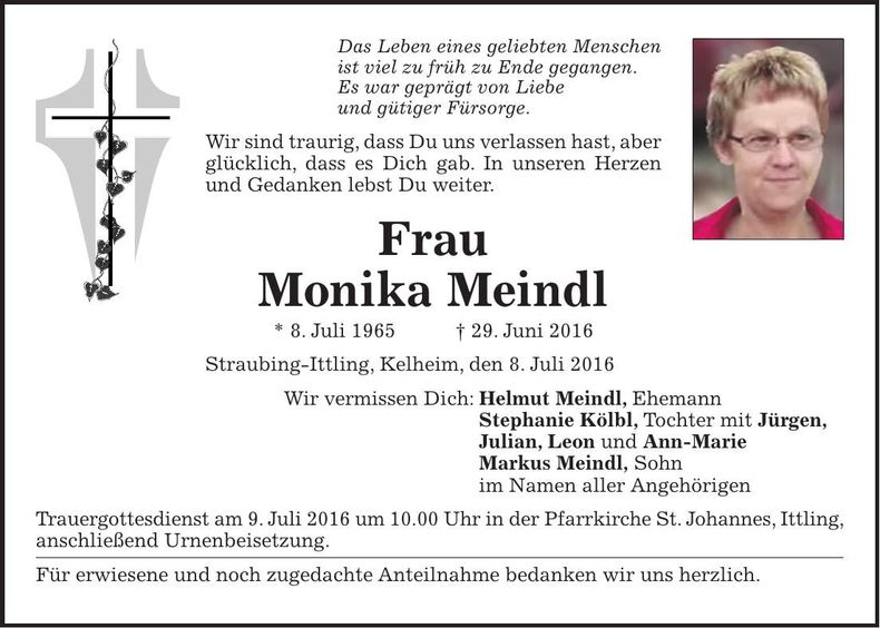 Traueranzeige Monika Meindl