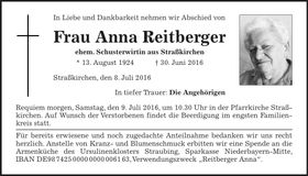 Traueranzeige Anna Reitberger
