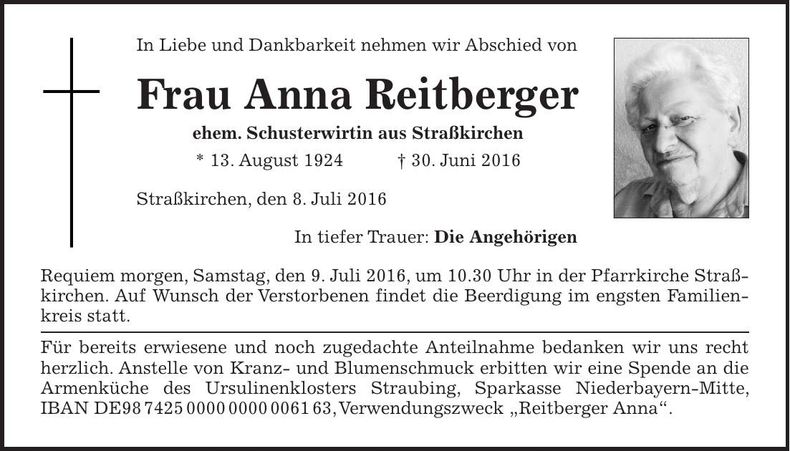 Traueranzeige Anna Reitberger