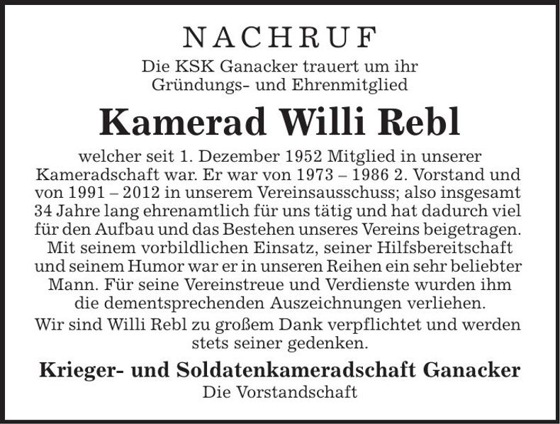 Traueranzeige Rebl Willi
