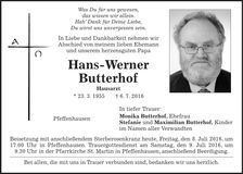 Traueranzeige Hans-Werner Butterhof