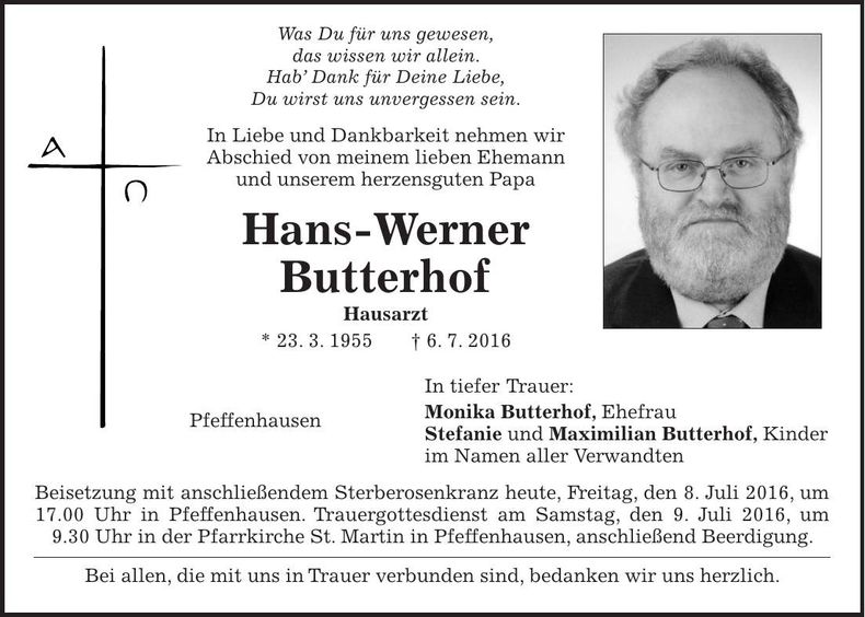 Traueranzeige Hans-Werner Butterhof