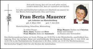Traueranzeige Berta Mauerer