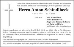 Traueranzeige Anton Schindlbeck