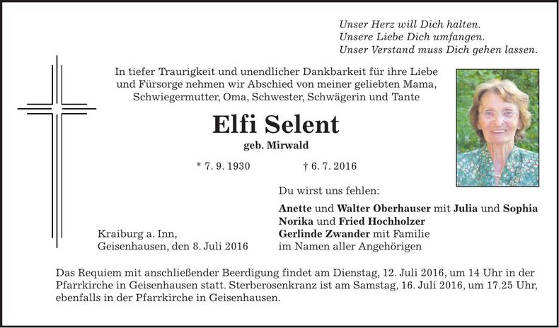 Traueranzeige Elfi Selent