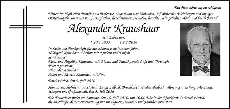 Traueranzeige Kraushaar Alexander