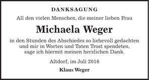 Traueranzeige Michaela Weger