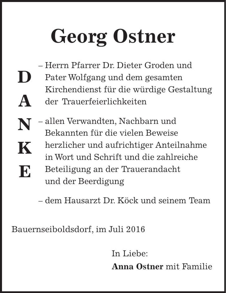 Traueranzeige Georg Ostner