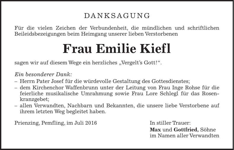 Traueranzeige Emilie Kiefl