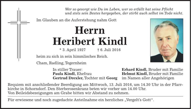 Traueranzeige Heribert Kindl