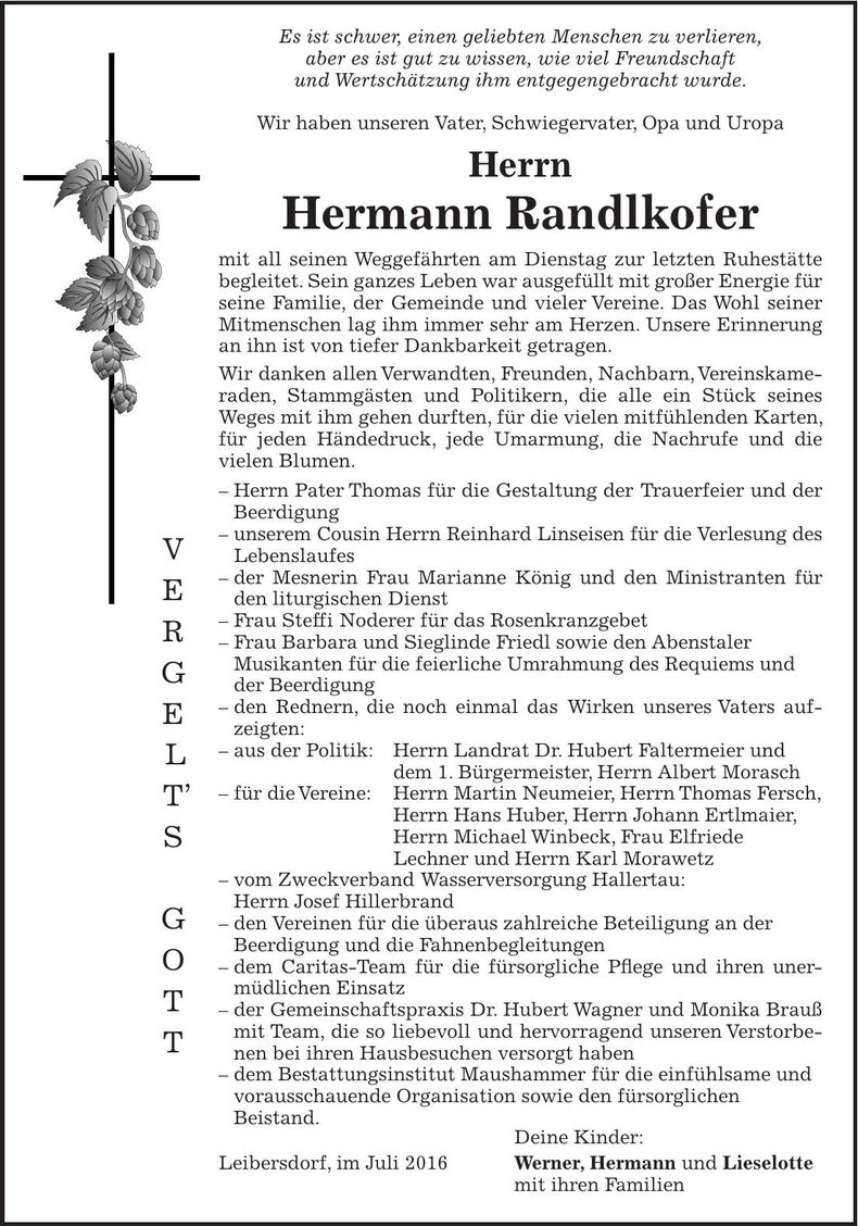 Traueranzeige Hermann Randlkofer