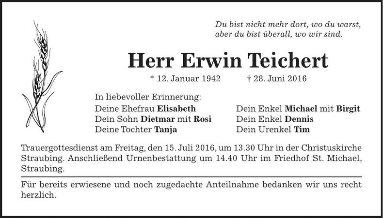 Traueranzeige Erwin Teichert