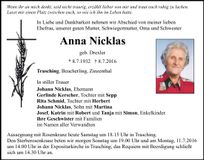 Traueranzeige Anna Nicklas
