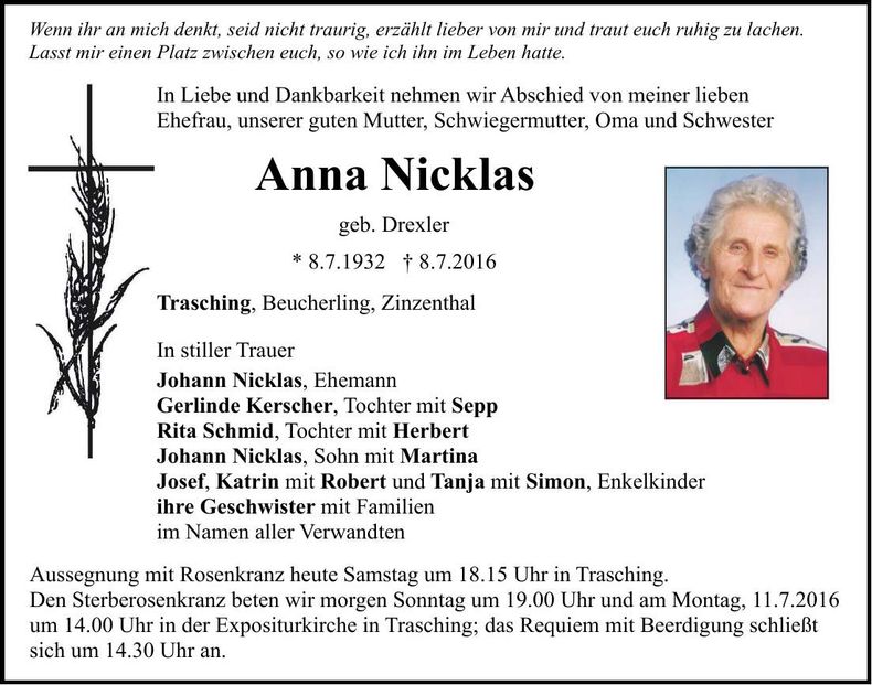 Traueranzeige Anna Nicklas