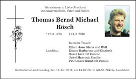 Traueranzeige Thomas Bernd Michael Rösch
