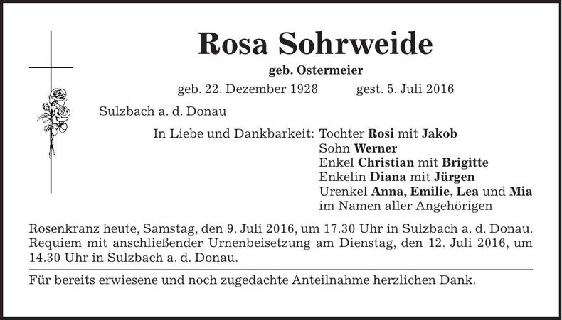 Traueranzeige Rose Sohrweide