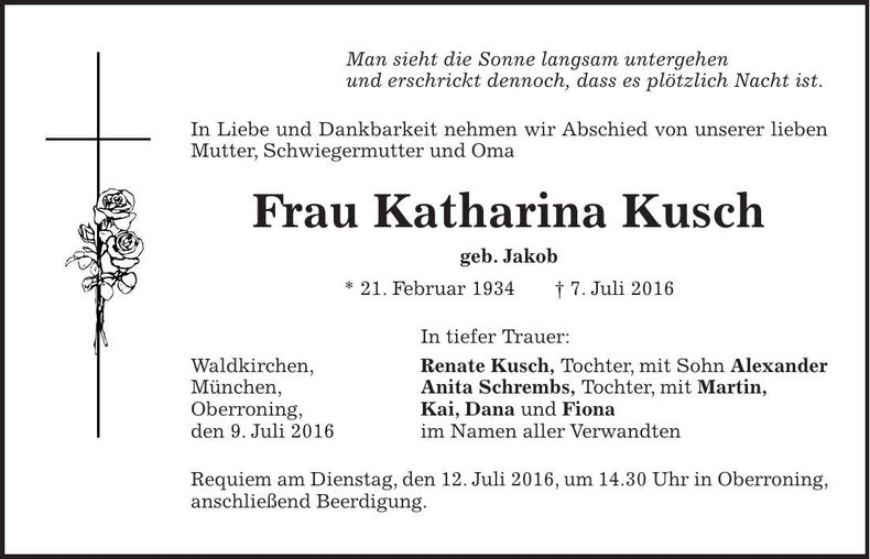 Traueranzeige Katharina Kusch