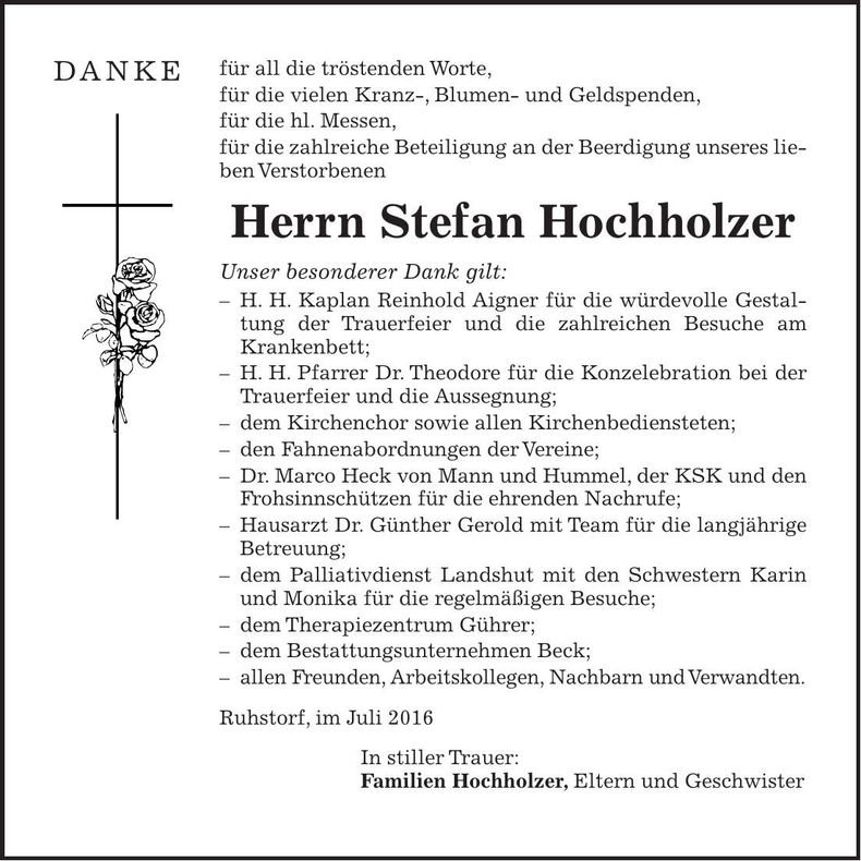 Traueranzeige Stefan Hochholzer