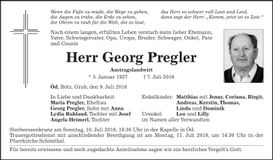 Traueranzeige Georg Pregler
