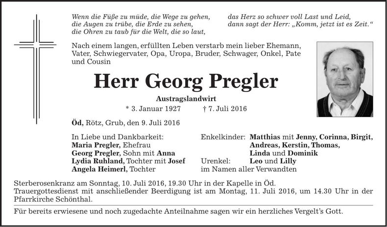 Traueranzeige Georg Pregler