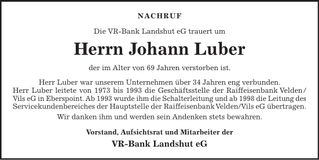 Traueranzeige Johann Luber